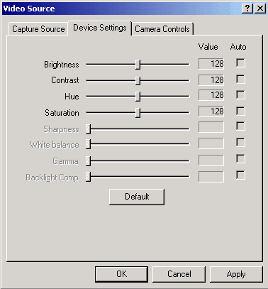 Меню Video Source - Device Settings